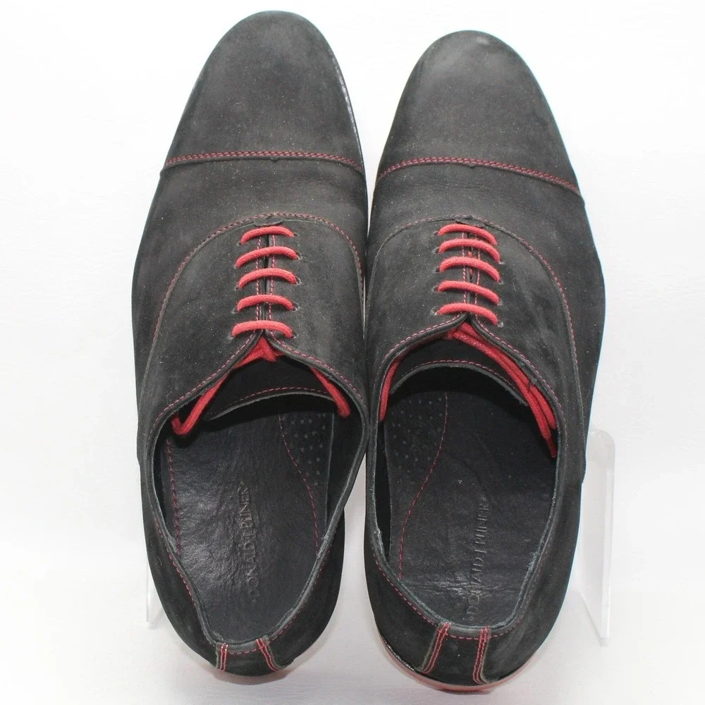 Donald J Pliner Mens Black Suede Red Contrast Cap Toe‎ Oxford Shoes Size 10